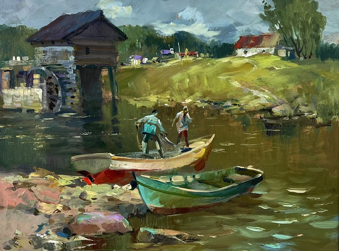 Oil painting Fishermen on boats near the village Yuriy Suprunchuk - 3