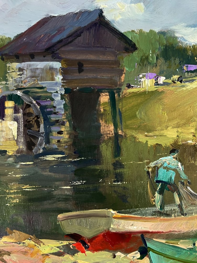 Oil painting Fishermen on boats near the village Yuriy Suprunchuk - 4