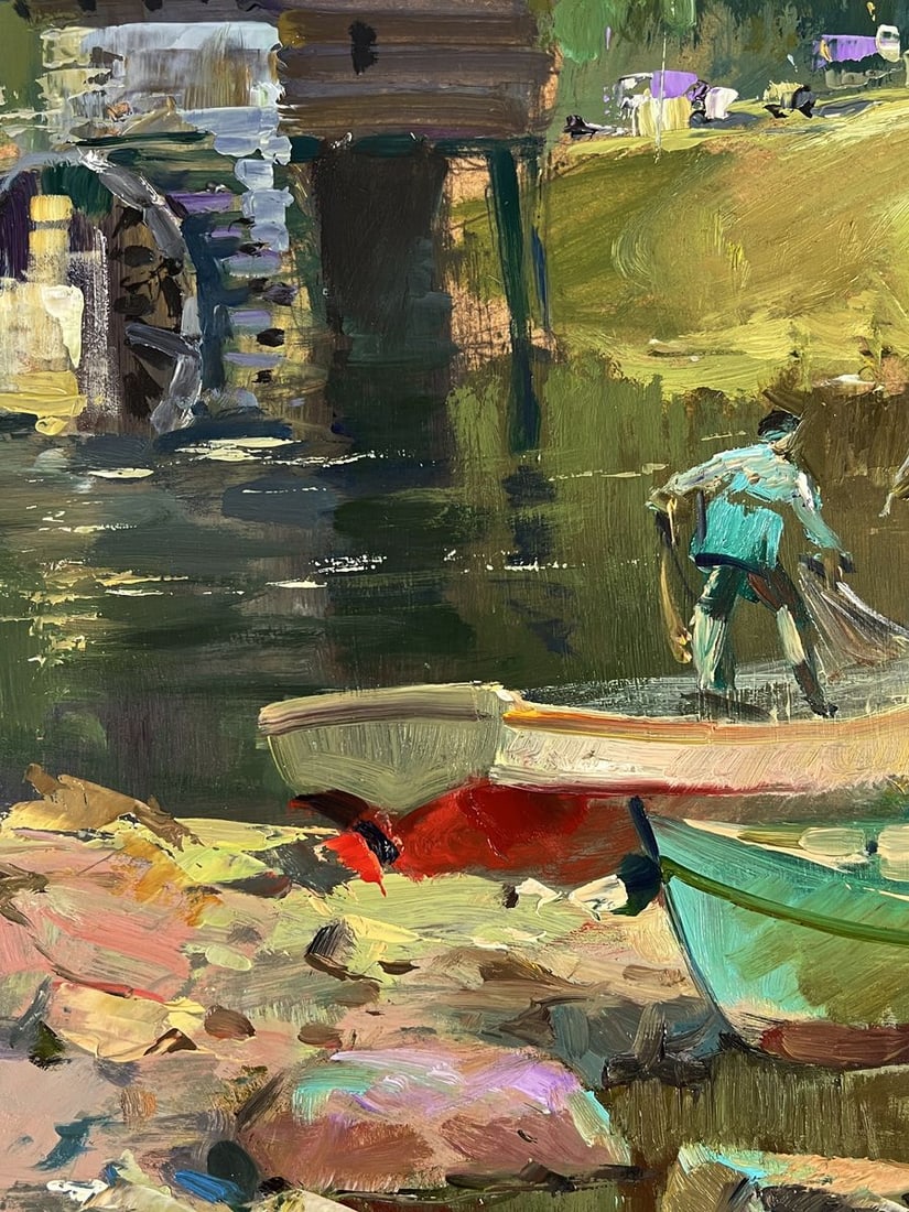 Oil painting Fishermen on boats near the village Yuriy Suprunchuk - 5