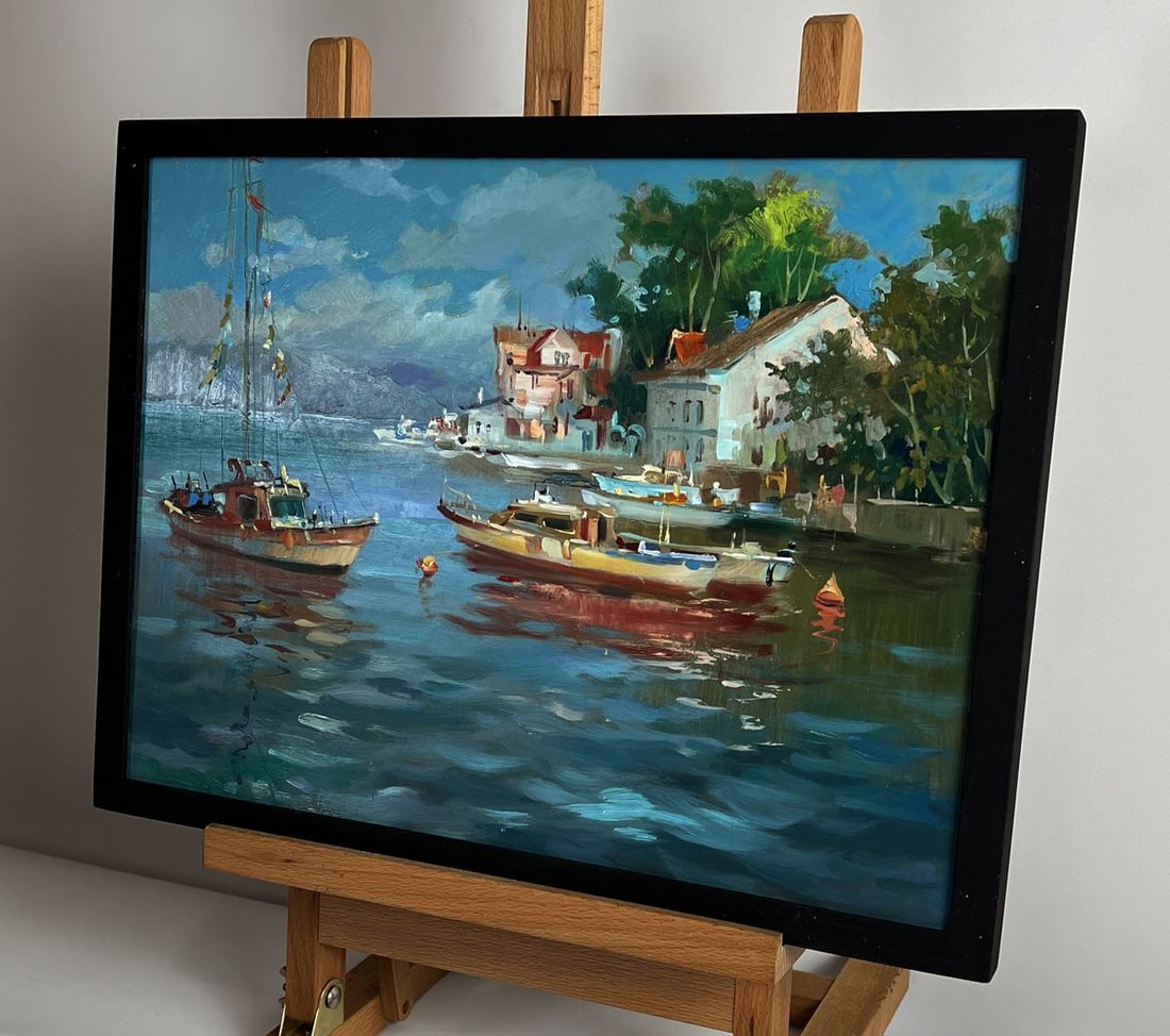 Oil painting River ships near the shore Yuriy Suprunchuk - 2