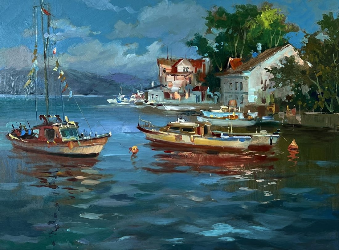 Oil painting River ships near the shore Yuriy Suprunchuk - 3