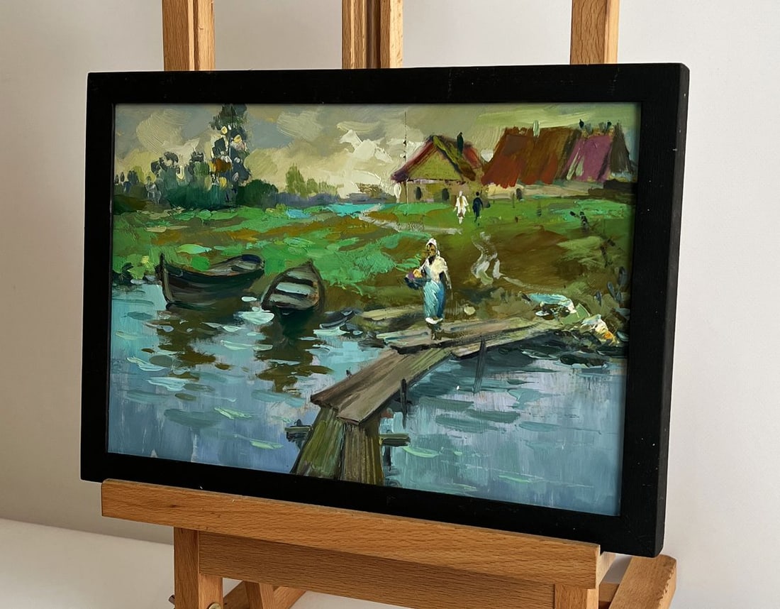 Oil painting A village river with two boats Yuriy Suprunchuk - 2