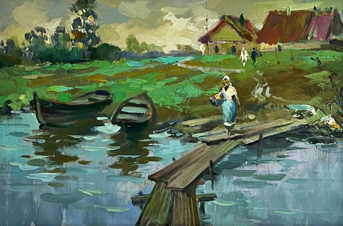 Oil painting A village river with two boats Yuriy Suprunchuk - 3