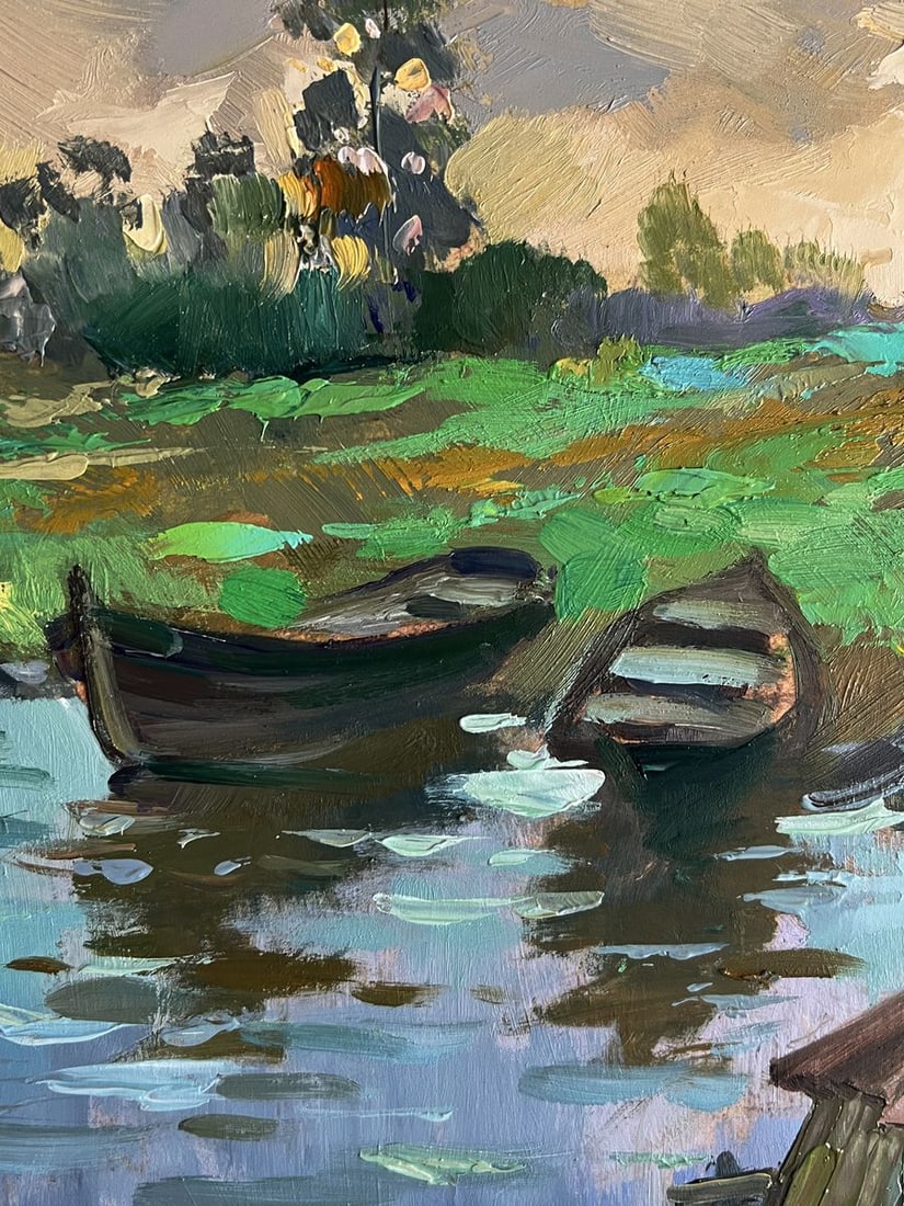 Oil painting A village river with two boats Yuriy Suprunchuk - 4