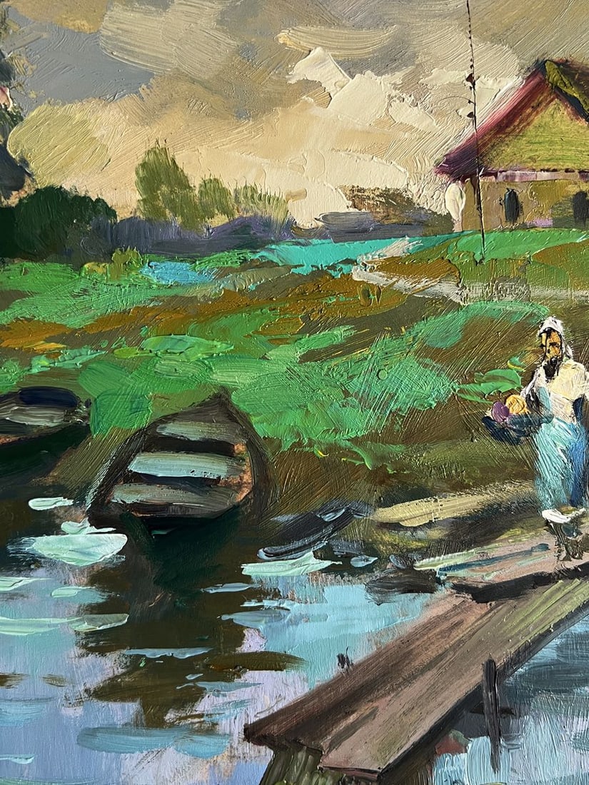 Oil painting A village river with two boats Yuriy Suprunchuk - 6