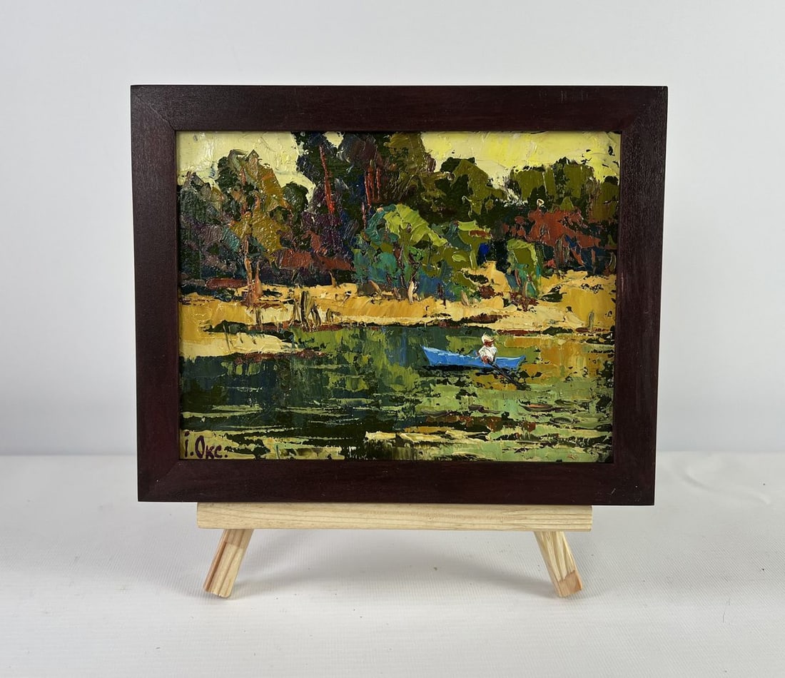 Oil painting Dawn over a quiet river Oksana Kalenyuk: Title: Oil painting Dawn over a quiet river Oksana Kalenyuk Description: NoAAA5105The oil painting on Cardboard titled "Dawn Over a Quiet River" captures the tender, almost sacred moment when night