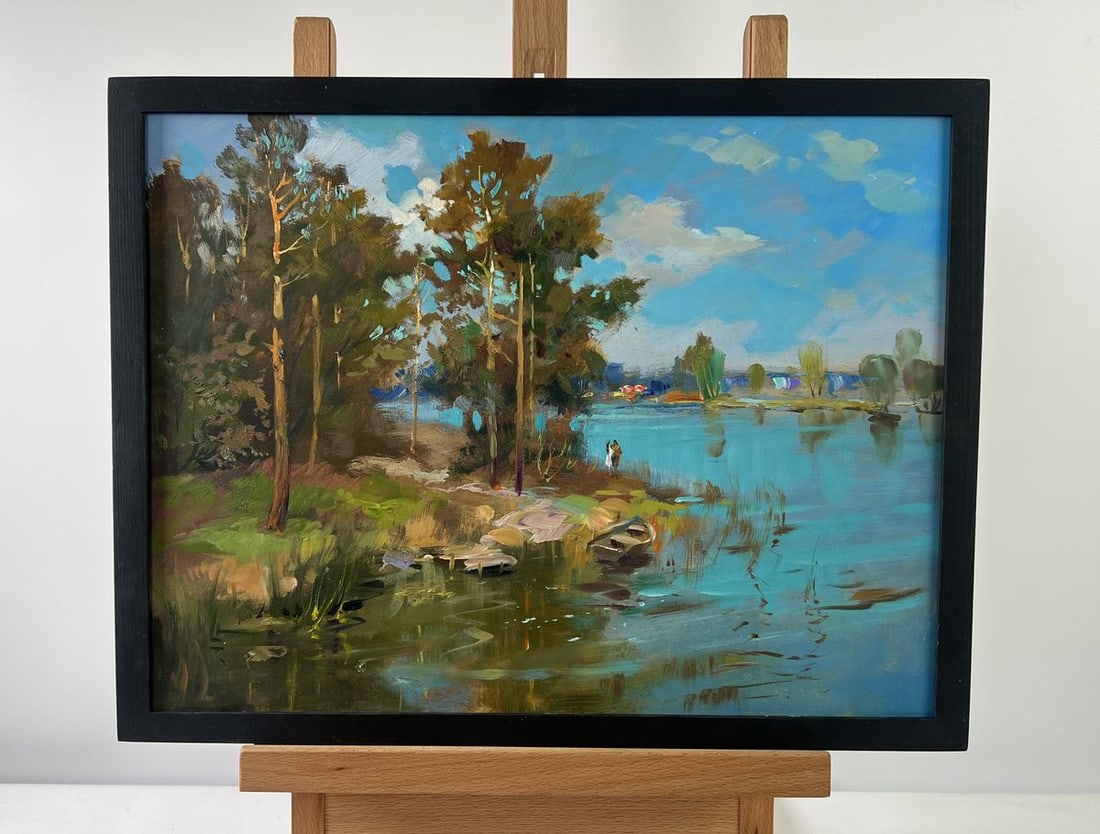 Oil painting The sun and the riverbank Yuriy Suprunchuk: Title: Oil painting The sun and the riverbank Yuriy Suprunchuk Description: NoAAA5179The oil painting on Cardboard titled "The Sun and the Riverbank" captures a serene yet vibrant moment along a