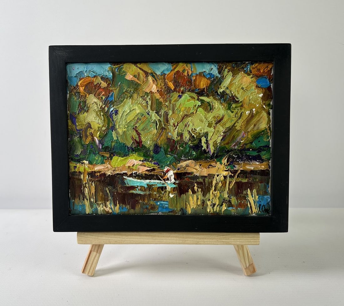 Oil painting Summer day by the river Oksana Kalenyuk: Title: Oil painting Summer day by the river Oksana Kalenyuk Description: NoAAA5217The oil painting on Canvas titled "Summer Day by the River" immerses the viewer in a tranquil moment of solitude and