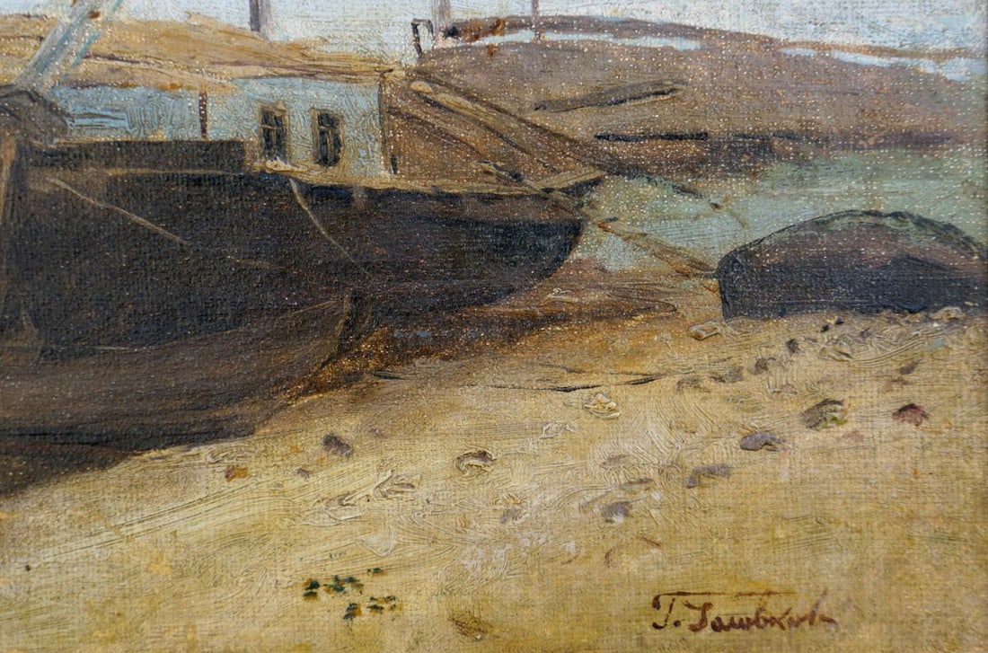 Oil painting Ship docked - 5