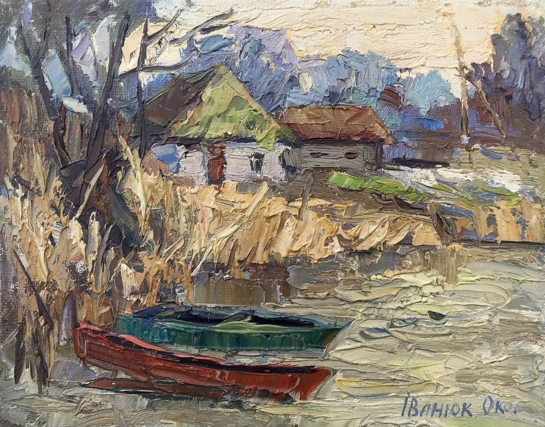 Oil painting Spring Kalenyuk Oksana: Title: Oil painting Spring Kalenyuk Oksana Description: NoAAA2680 The oil painting captures the essence of village life with great detail and nuance. The scene is set by a gently flowing river that