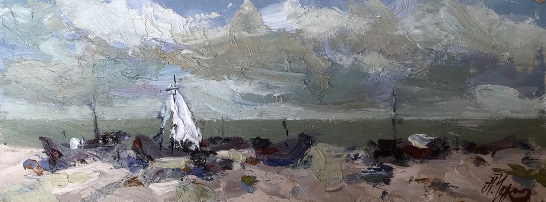 Oil painting Fisherman's Beach Alexander Nikolaevich Cherednichenko: Title: Oil painting Fisherman's Beach Alexander Nikolaevich Cherednichenko Description: NoAAA2712 The oil painting depicts a serene seascape with a muted color palette dominated by shades of gray.