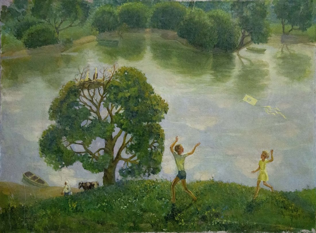 Oil painting Children walk by the pond (1 of 10)