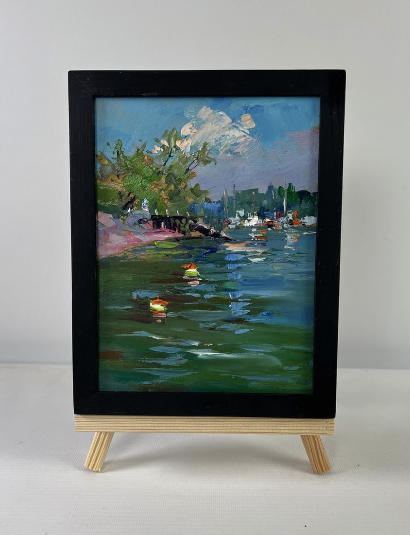 Oil painting City river in summer Yuriy Suprunchuk: Title: Oil painting City river in summer Yuriy Suprunchuk Description: NoAAA5519The Oil painting on Cardboard titled "City river in summer" captures a scene that is both vibrant and soothing, merging