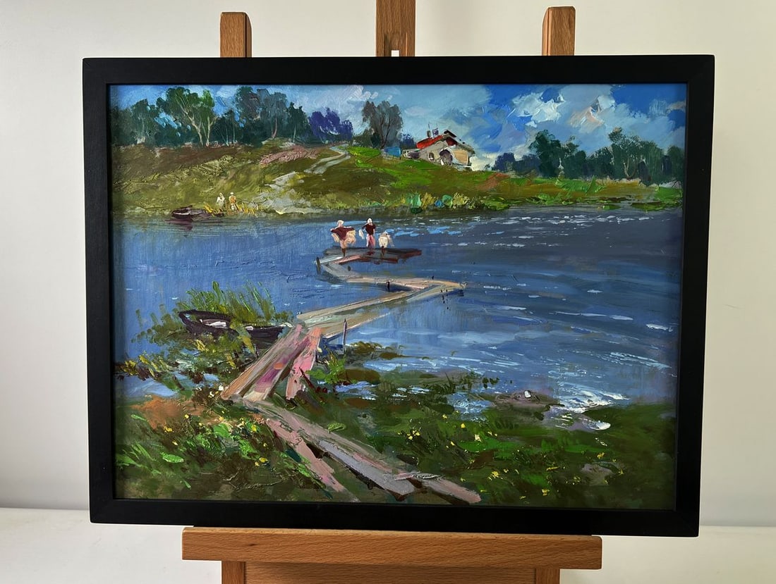 Oil painting People looking at the flow of river Yuriy Suprunchuk: Title: Oil painting People looking at the flow of river Yuriy Suprunchuk Description: NoAAA5523The Oil painting on Cardboard titled "People looking at the flow of river" presents a moment of quiet