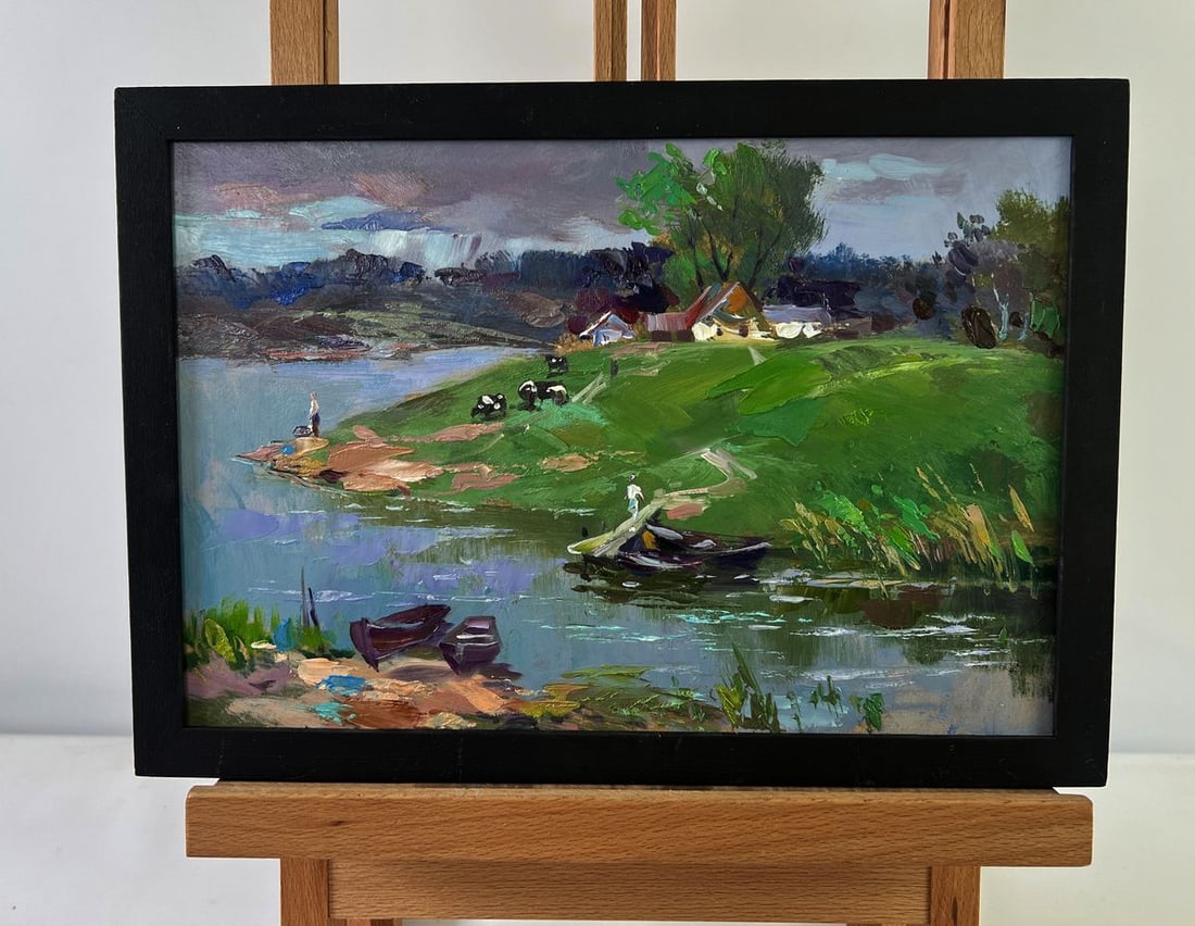 Oil painting Village nestled on a quiet shore Yuriy Suprunchuk: Title: Oil painting Village nestled on a quiet shore Yuriy Suprunchuk Description: NoAAA5538The Oil painting on Cardboard titled "Village nestled on a quiet shore" portrays a scene filled with