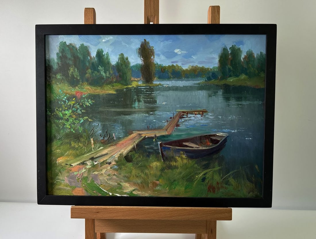 Oil painting The Winding River Yuriy Suprunchuk: Title: Oil painting The Winding River Yuriy Suprunchuk Description: NoAAA5691The Oil painting Cardboard titled "The Winding River" depicts a serene and contemplative landscape where water, sky, and la