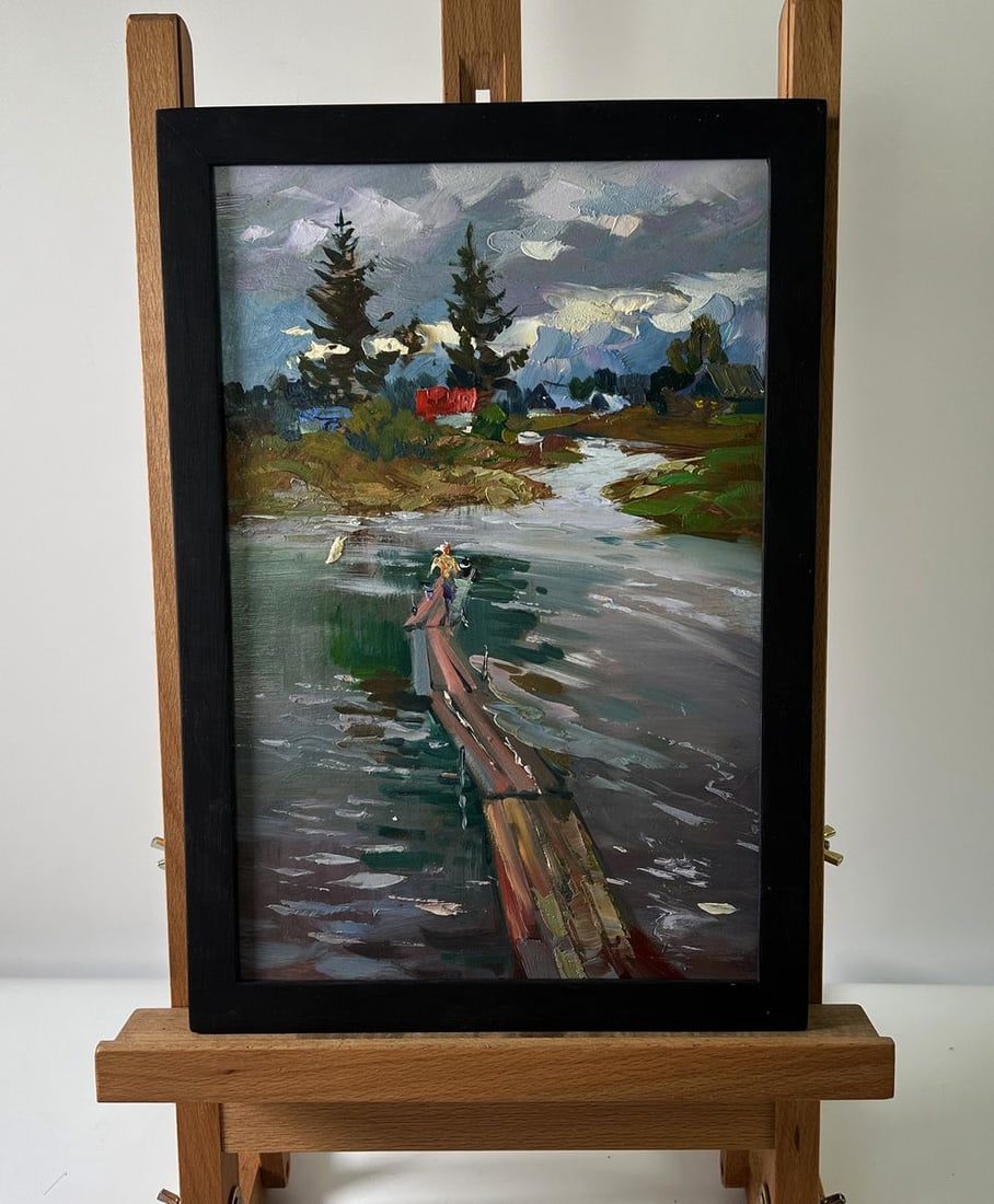 Oil painting Girl on the river bridge Yuriy Suprunchuk: Title: Oil painting Girl on the river bridge Yuriy Suprunchuk Description: NoAAA5695The Oil painting Cardboard titled "Girl on the river bridge" evokes a quiet, contemplative atmosphere, capturing