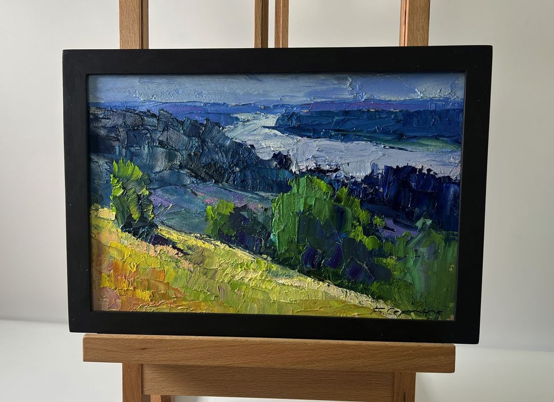 Oil painting The river flows along the forest Boris Serdyuk: Title: Oil painting The river flows along the forest Boris Serdyuk Description: NoAAA5737The Oil painting Cardboard titled "The river flows along the forest" captures the serene beauty of a vast