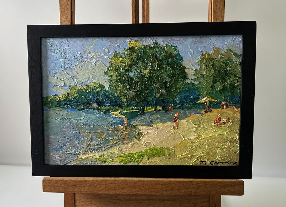Oil painting People are relaxing on the river Boris Serdyuk: Title: Oil painting People are relaxing on the river Boris Serdyuk Description: NoAAA5750The Oil painting Cardboard titled "People are relaxing on the river" is a vivid celebration of warmth, light,