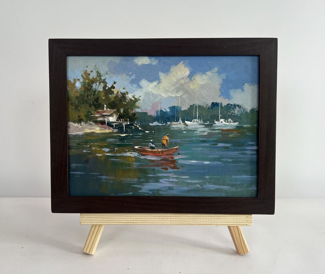 Oil painting At the summer yacht club Yuriy Suprunchuk: Title: Oil painting At the summer yacht club Yuriy Suprunchuk Description: NoAAA4464The painting "At the Summer Yacht Club" captures the tranquil beauty of a lakeside scene, where the charm of nature
