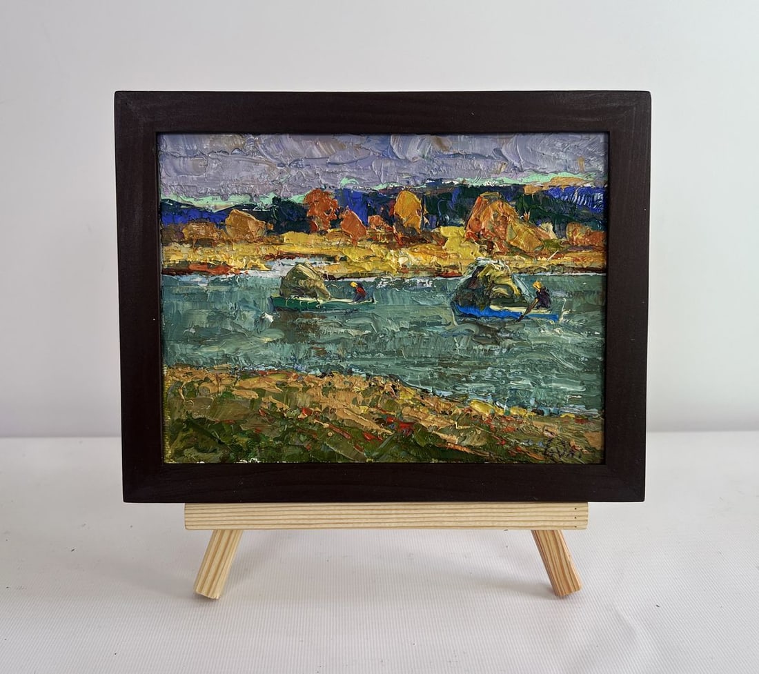 Oil painting Above the evening silence by the river Alex Kalenyuk: Title: Oil painting Above the evening silence by the river Alex Kalenyuk Description: NoAAA4468The painting "Above the Evening Silence by the River" captures a tranquil yet expressive moment of two fi