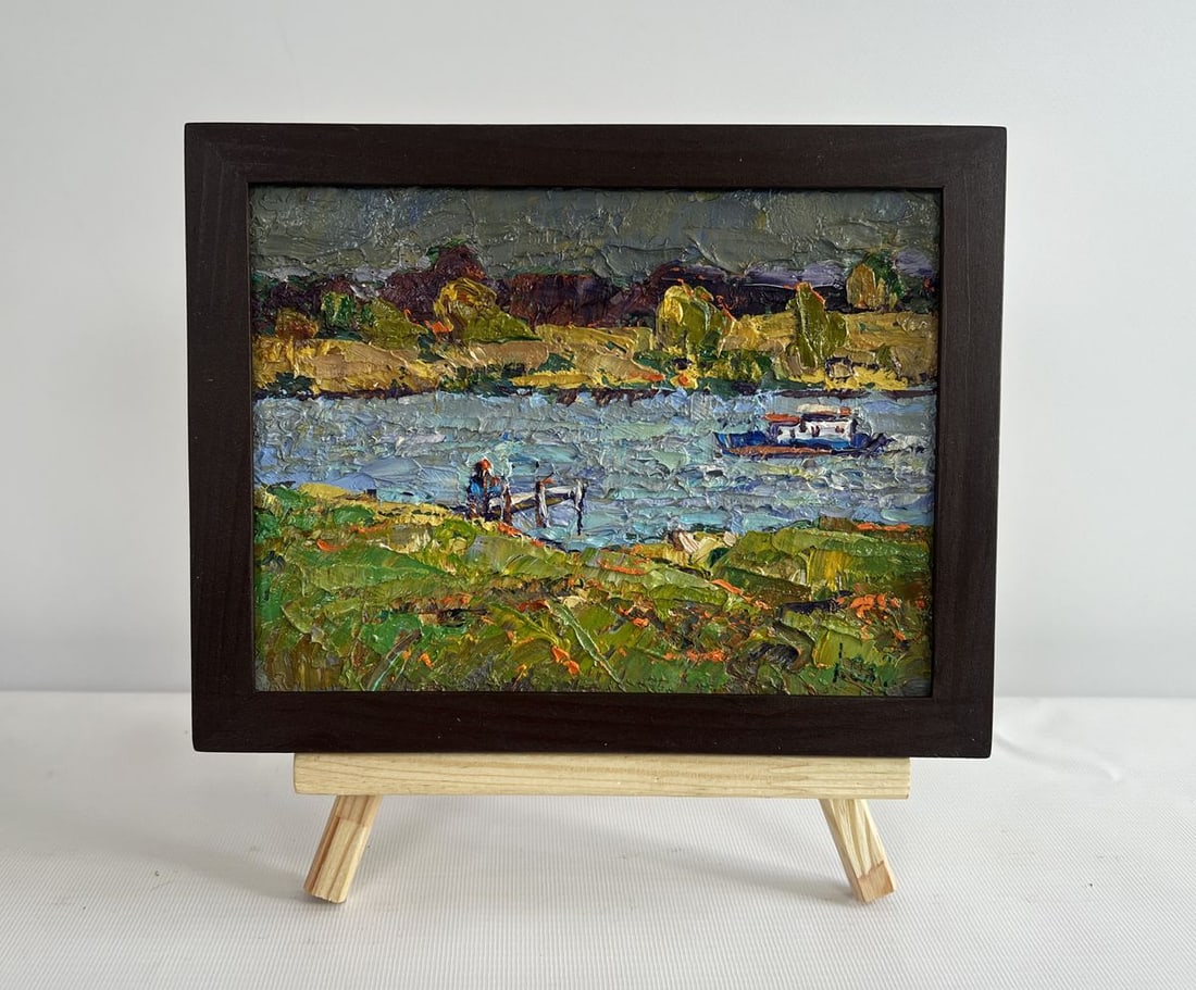 Oil painting Sailing on the river Alex Kalenyuk: Title: Oil painting Sailing on the river Alex Kalenyuk Description: NoAAA4488The painting "Sailing on the River" is an expressive oil composition on cardboard that captures the peaceful yet dynamic re