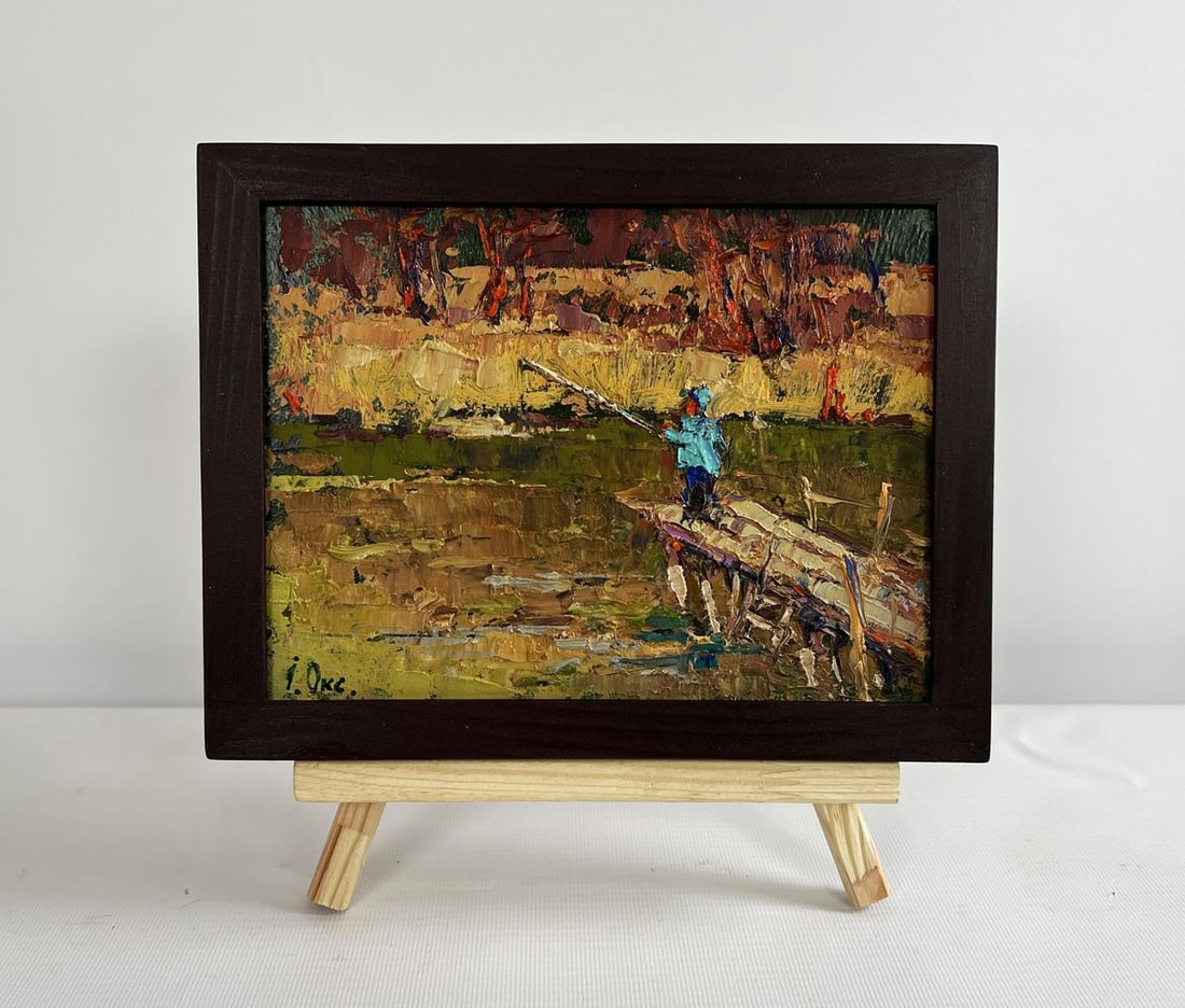 Oil painting The Lonely Fisherman Oksana Kalenyuk: Title: Oil painting The Lonely Fisherman Oksana Kalenyuk Description: NoAAA4499The painting "The Lonely Fisherman" captures a quiet, introspective moment in nature, where solitude and serenity merge