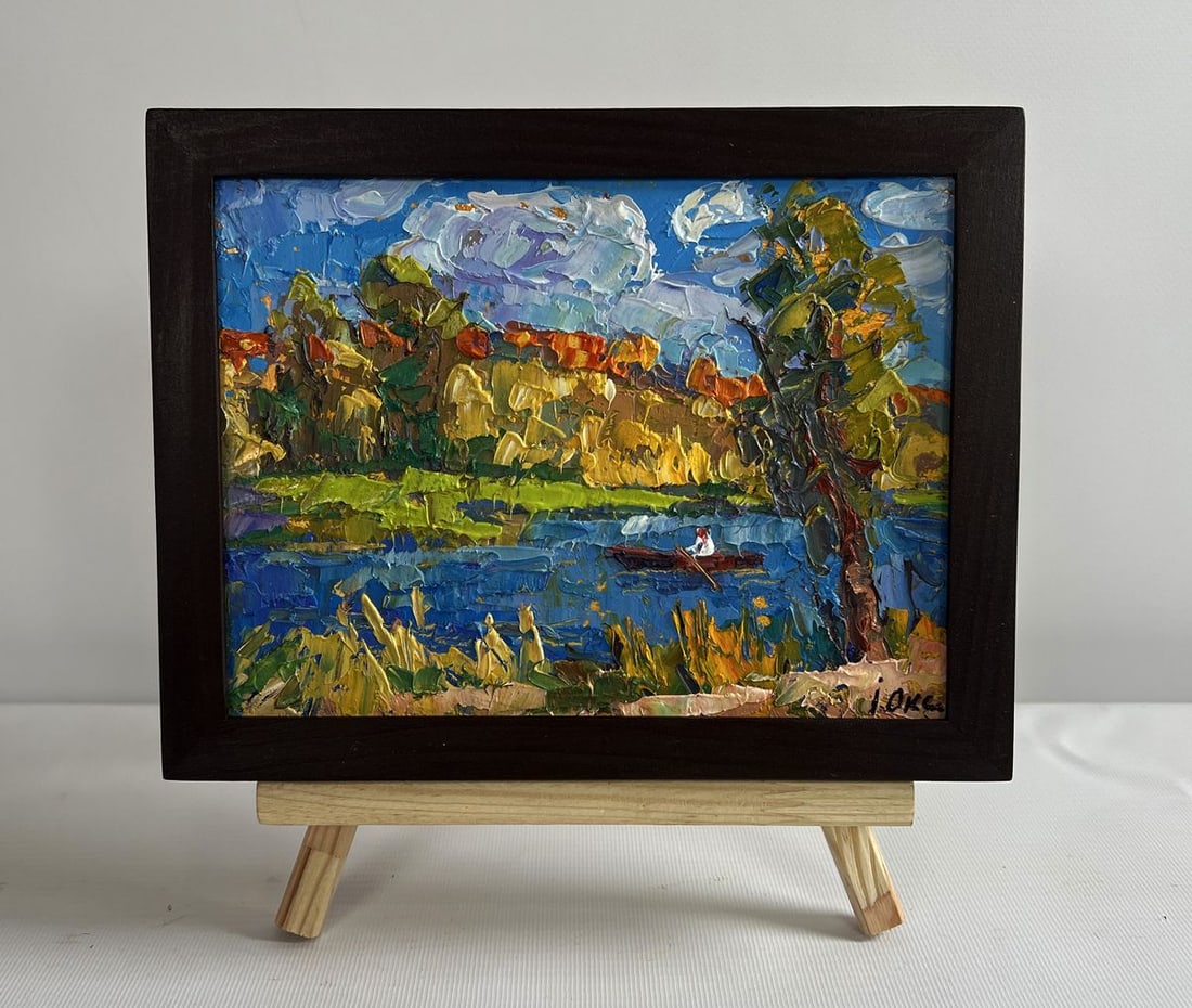 Oil painting Early autumn fishing Oksana Kalenyuk: Title: Oil painting Early autumn fishing Oksana Kalenyuk Description: NoAAA4516The painting "Early Autumn Fishing" captures a tranquil moment in nature, where the changing colors of the season