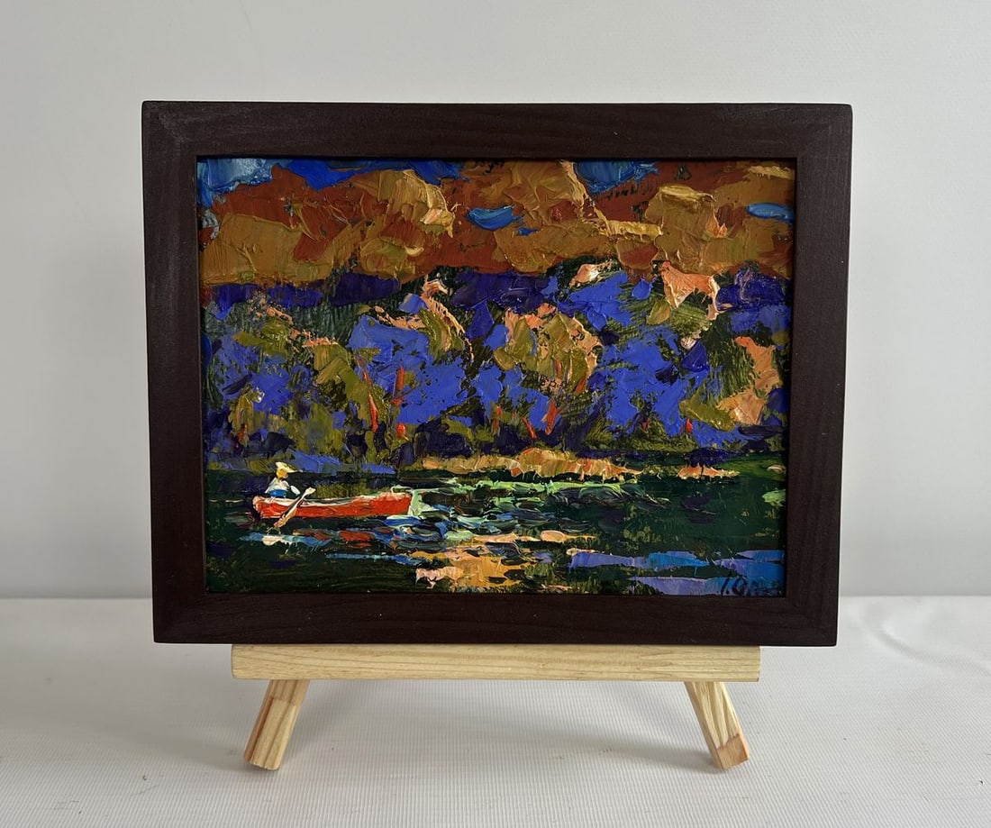 Oil painting Evening boat ride Alex Kalenyuk: Title: Oil painting Evening boat ride Alex Kalenyuk Description: NoAAA4524The painting "Evening Boat Ride" captures a serene and contemplative moment on the water, where the glow of the setting sun ba
