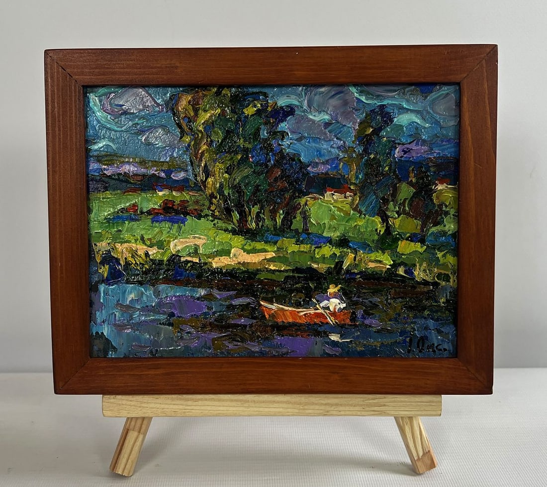 Oil painting Sunny day by the river Oksana Kalenyuk: Title: Oil painting Sunny day by the river Oksana Kalenyuk Description: NoAAA4748The oil painting on cardboard titled "Sunny Day by the River" captures a tranquil moment of rural life, where nature an