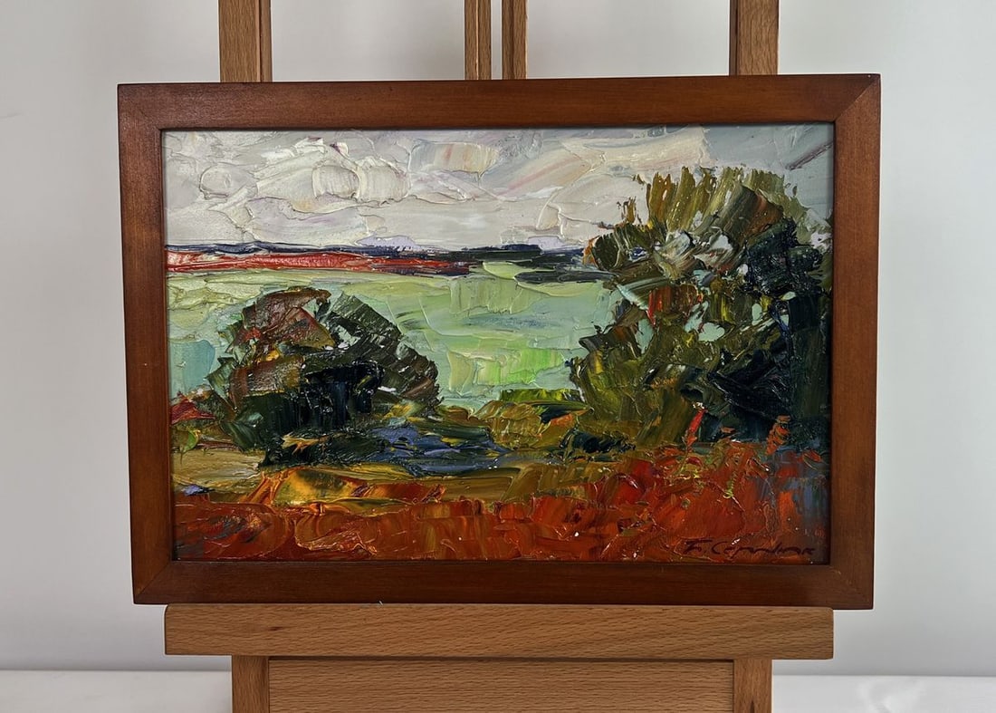 Oil painting Autumn days by the river Boris Serdyuk: Title: Oil painting Autumn days by the river Boris Serdyuk Description: NoAAA4755The oil painting on cardboard titled "Autumn Days by the River" captures the serene beauty of the changing seasons