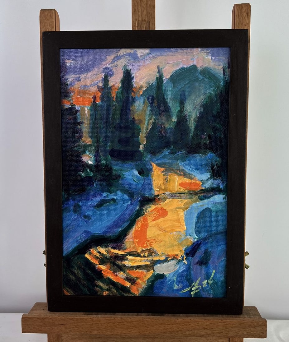 Acrylic painting Reflection of nature Mykhailo Patskan: Title: Acrylic painting Reflection of nature Mykhailo Patskan Description: NoAAA4915The acrylic painting on cardboard titled "Reflection of Nature" presents a deeply atmospheric landscape infused with