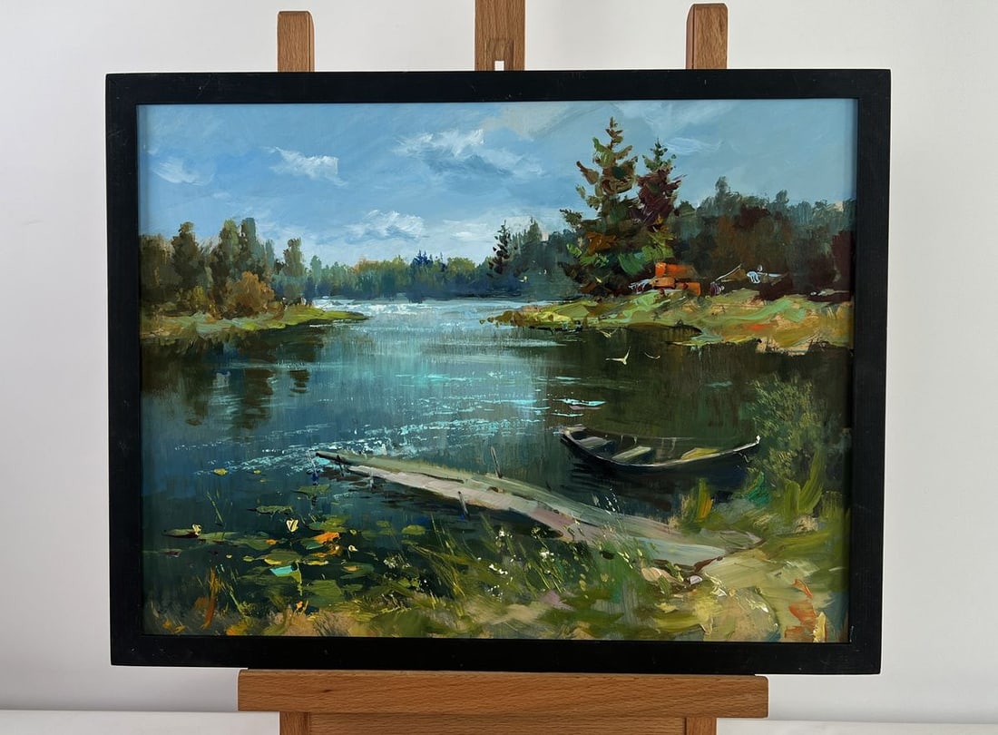 Oil painting A lonely boat by the river Yuriy Suprunchuk: Title: Oil painting A lonely boat by the river Yuriy Suprunchuk Description: NoAAA4952The oil painting on cardboard titled "A Lonely Boat by the River" captures a serene and poetic moment in nature, w