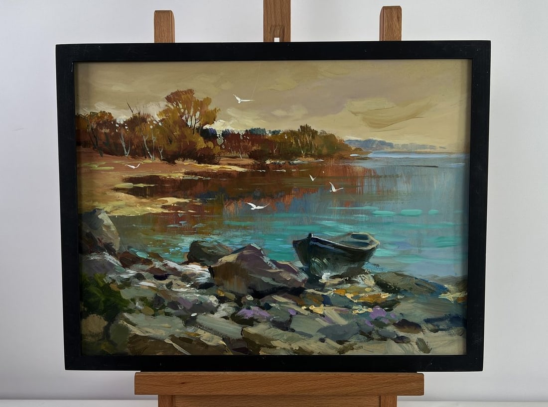 Oil painting Birds fly over the river Yuriy Suprunchuk: Title: Oil painting Birds fly over the river Yuriy Suprunchuk Description: NoAAA4954The oil painting on cardboard titled "Birds Fly Over the River" portrays a tranquil riverside scene that captures