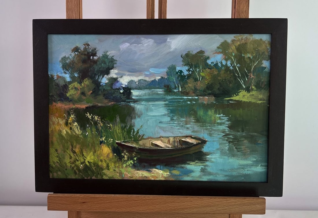 Oil painting The rain is approaching the river Yuriy Suprunchuk: Title: Oil painting The rain is approaching the river Yuriy Suprunchuk Description: NoAAA4960The oil painting on cardboard titled "The Rain Is Approaching the River" beautifully captures a fleeting mo