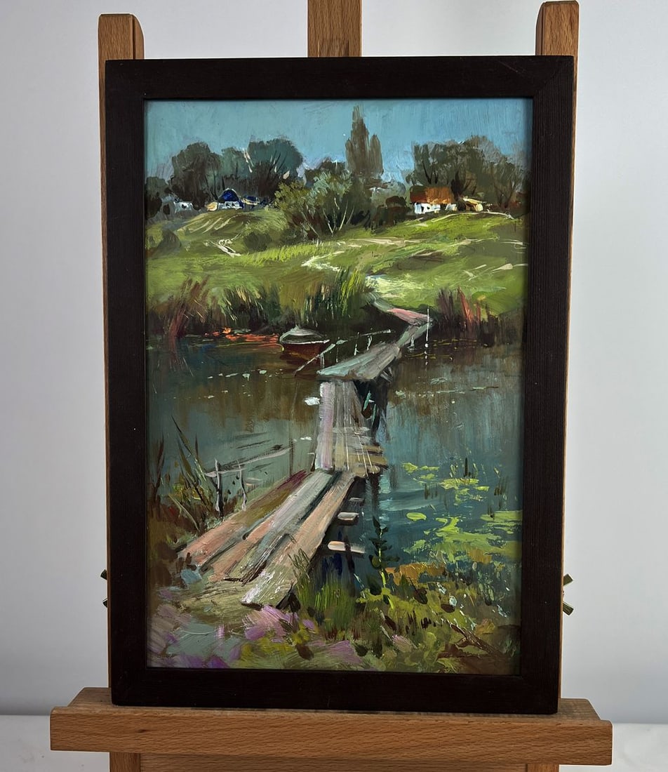 Oil painting Bridge to the village Yuriy Suprunchuk: Title: Oil painting Bridge to the village Yuriy Suprunchuk Description: NoAAA4963The oil painting on cardboard titled "Bridge to the Village" invites the viewer into a serene and nostalgic