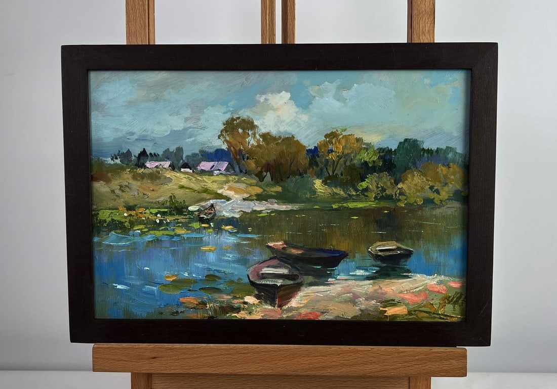 Oil painting Crossing to the other bank Yuriy Suprunchuk: Title: Oil painting Crossing to the other bank Yuriy Suprunchuk Description: NoAAA4964The oil painting on cardboard titled "Crossing to the Other Bank" captures the tranquil beauty of a quiet