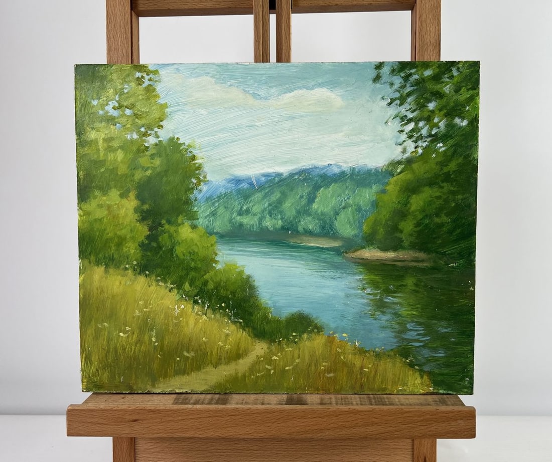 Oil painting Summer morning by the river Mykhailo Burdylo: Title: Oil painting Summer morning by the river Mykhailo Burdylo Description: NoAAA5043The oil painting on Hardboard titled "Summer morning by the river" captures the serene and untouched beauty of a