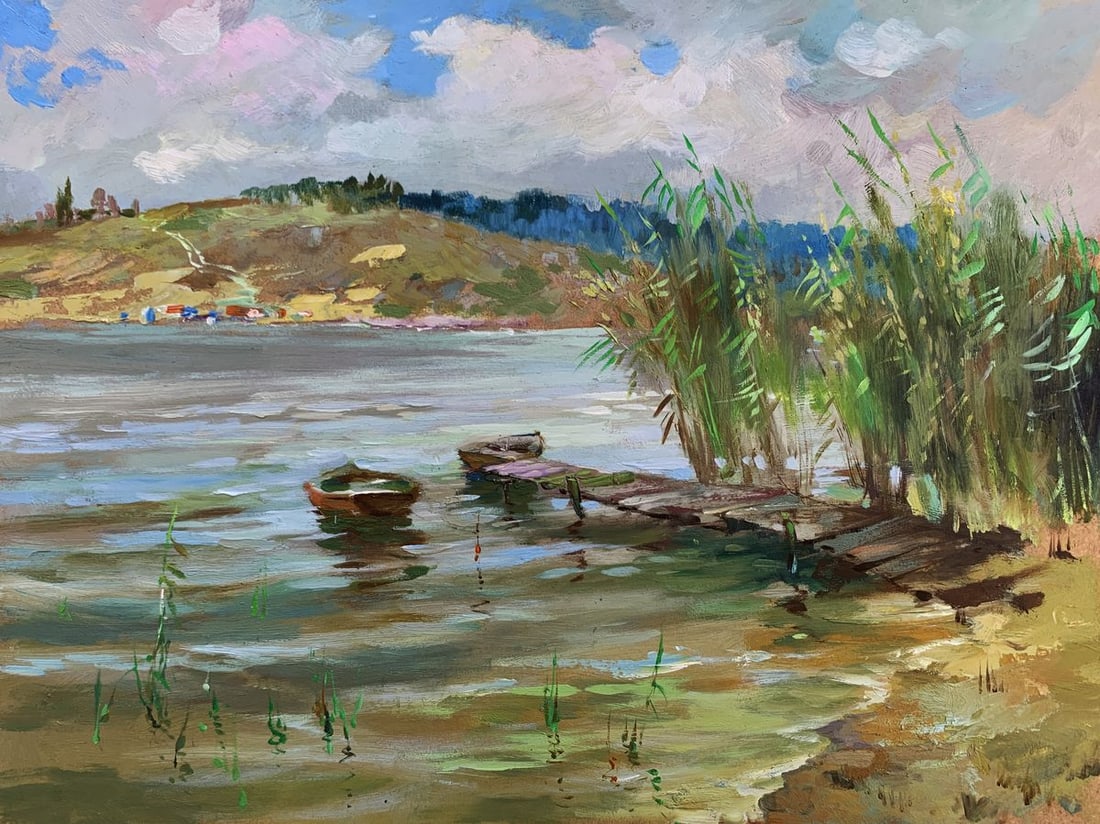 Oil painting Covered in clouds Yuriy Suprunchuk: Title: Oil painting Covered in clouds Yuriy Suprunchuk Description: NoAAA3653The painting "Covered in Clouds" presents a tranquil lakeside scene enveloped in the gentle embrace of nature, with a cloud