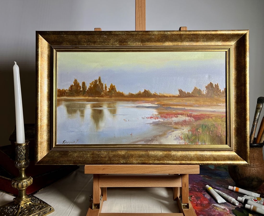 Oil painting Evening by the river Tatyana Derdey: Title: Oil painting Evening by the river Tatyana Derdey Description: NoAAA3675"Evening by the River" is an Oil painting on canvas that captures the quiet, contemplative atmosphere of a riverside