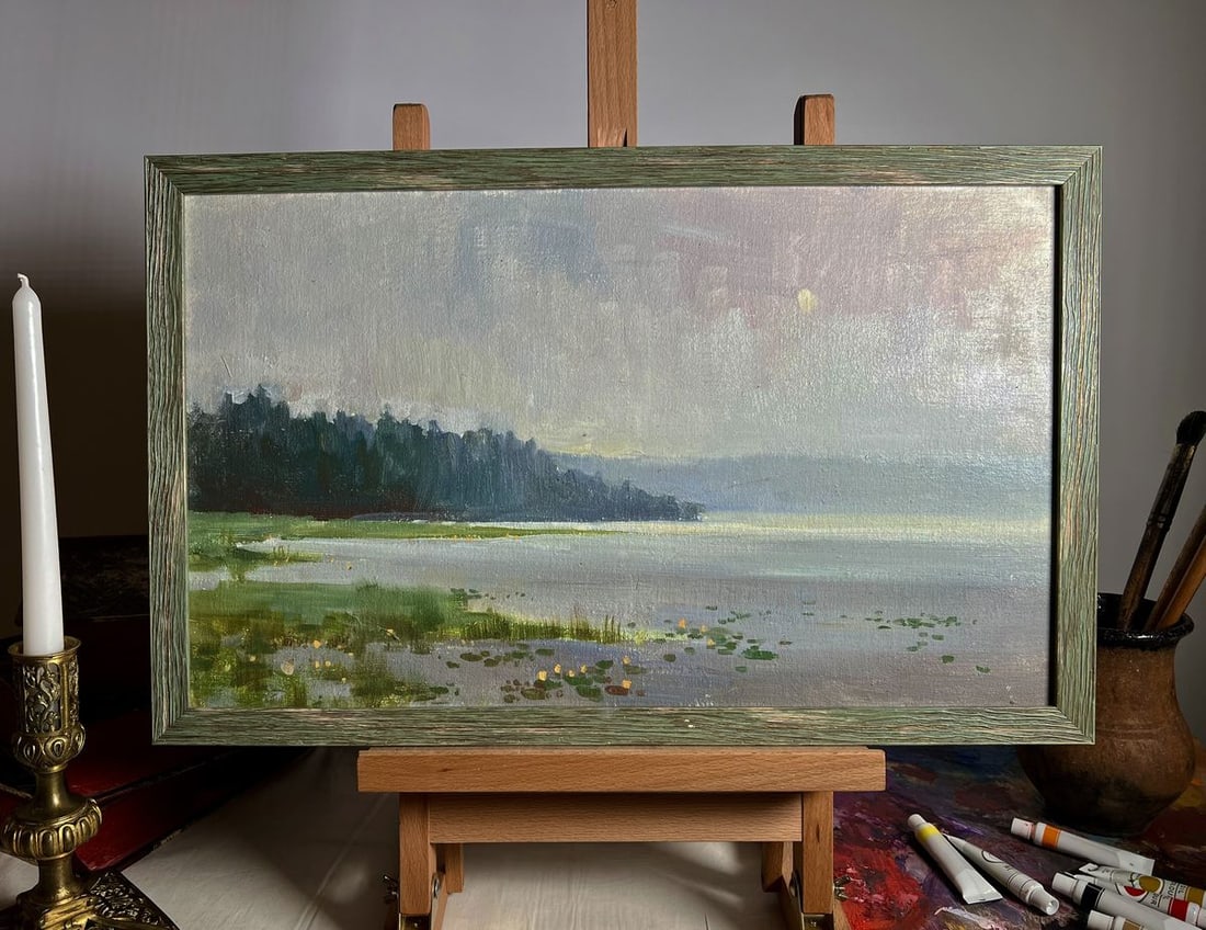 Oil painting Tranquility by the river Tatyana Derdey: Title: Oil painting Tranquility by the river Tatyana Derdey Description: NoAAA3676"Tranquility by the River" is a serene and atmospheric Oil painting on cardboard that immerses the viewer in the peace