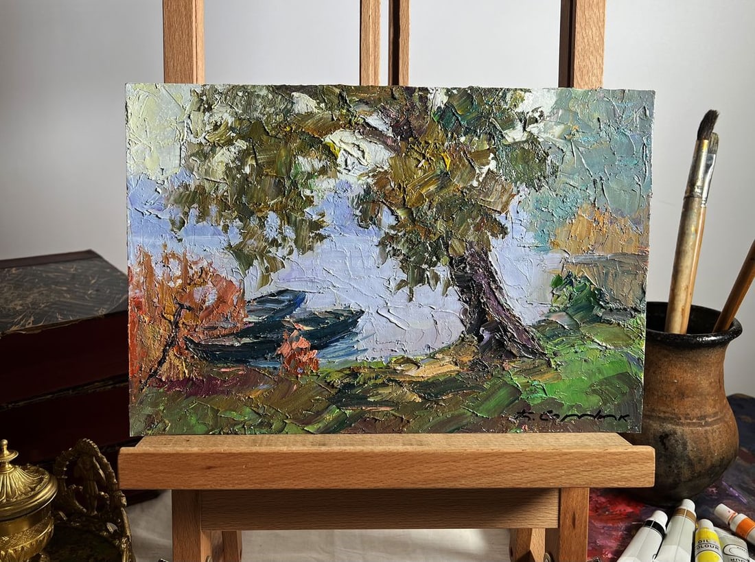 Oil painting Boats on the shore Boris Serdyuk: Title: Oil painting Boats on the shore Boris Serdyuk Description: NoAAA3693"Boats on the Shore" is a textured Oil painting on cardboard that captures a tranquil riverside scene. The composition is ric