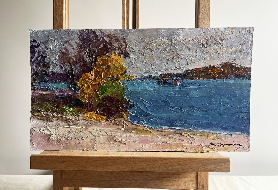 Oil painting Evening after a thunderstorm Boris Serdyuk: Title: Oil painting Evening after a thunderstorm Boris Serdyuk Description: NoAAA3728The oil painting on cardboard, titled "Evening After a Thunderstorm", captures a serene riverside landscape after t