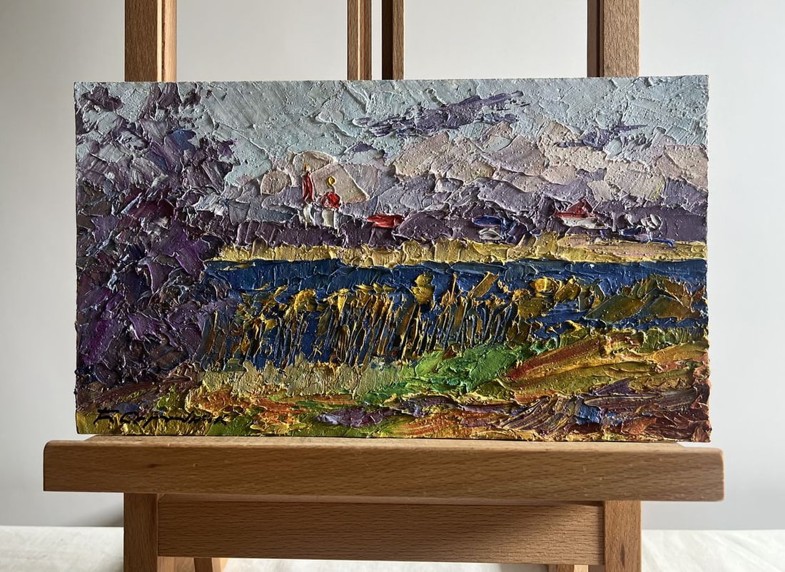 Oil painting River and golden field Boris Serdyuk: Title: Oil painting River and golden field Boris Serdyuk Description: NoAAA3740The oil painting on cardboard, titled "River and Golden Field", captures the tranquil beauty of a rural landscape, where