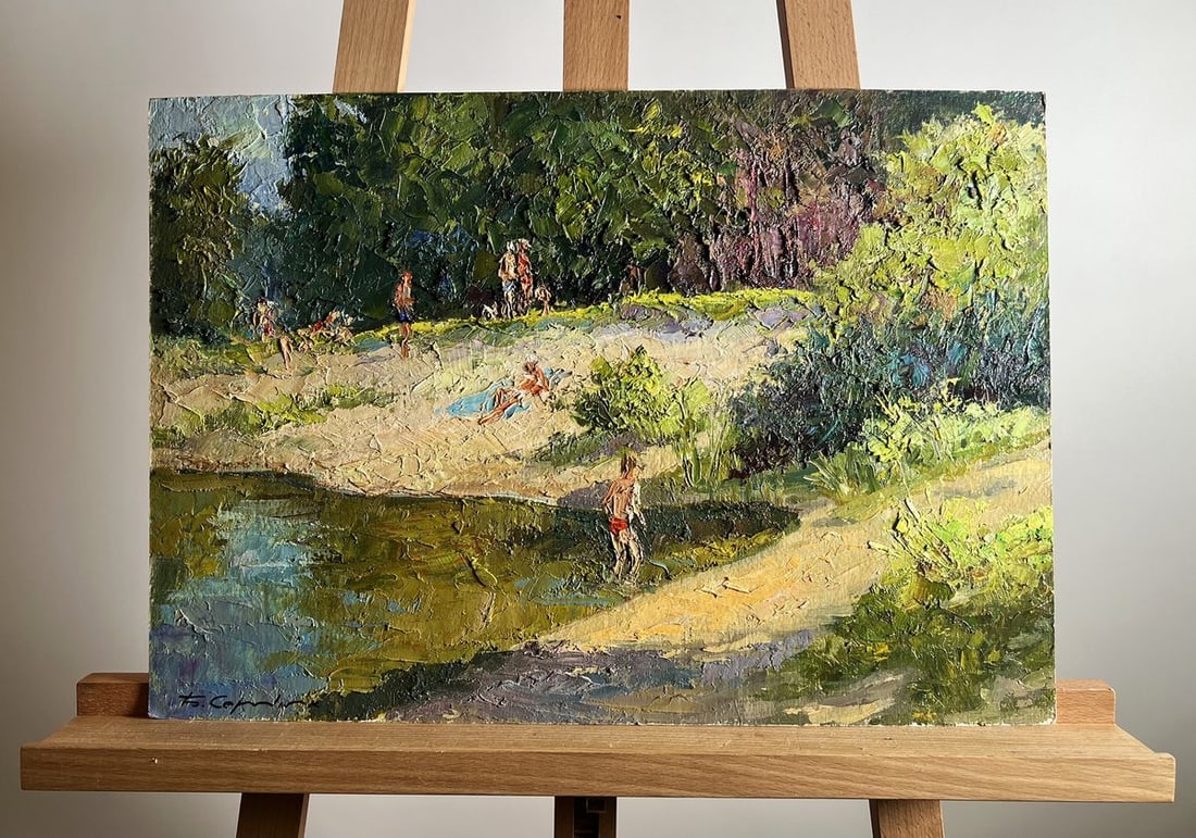 Oil painting Summer vacation on the river Boris Serdyuk: Title: Oil painting Summer vacation on the river Boris Serdyuk Description: NoAAA3749The oil painting on cardboard, titled "Summer Vacation on the River", captures the warmth and joy of a sunlit day