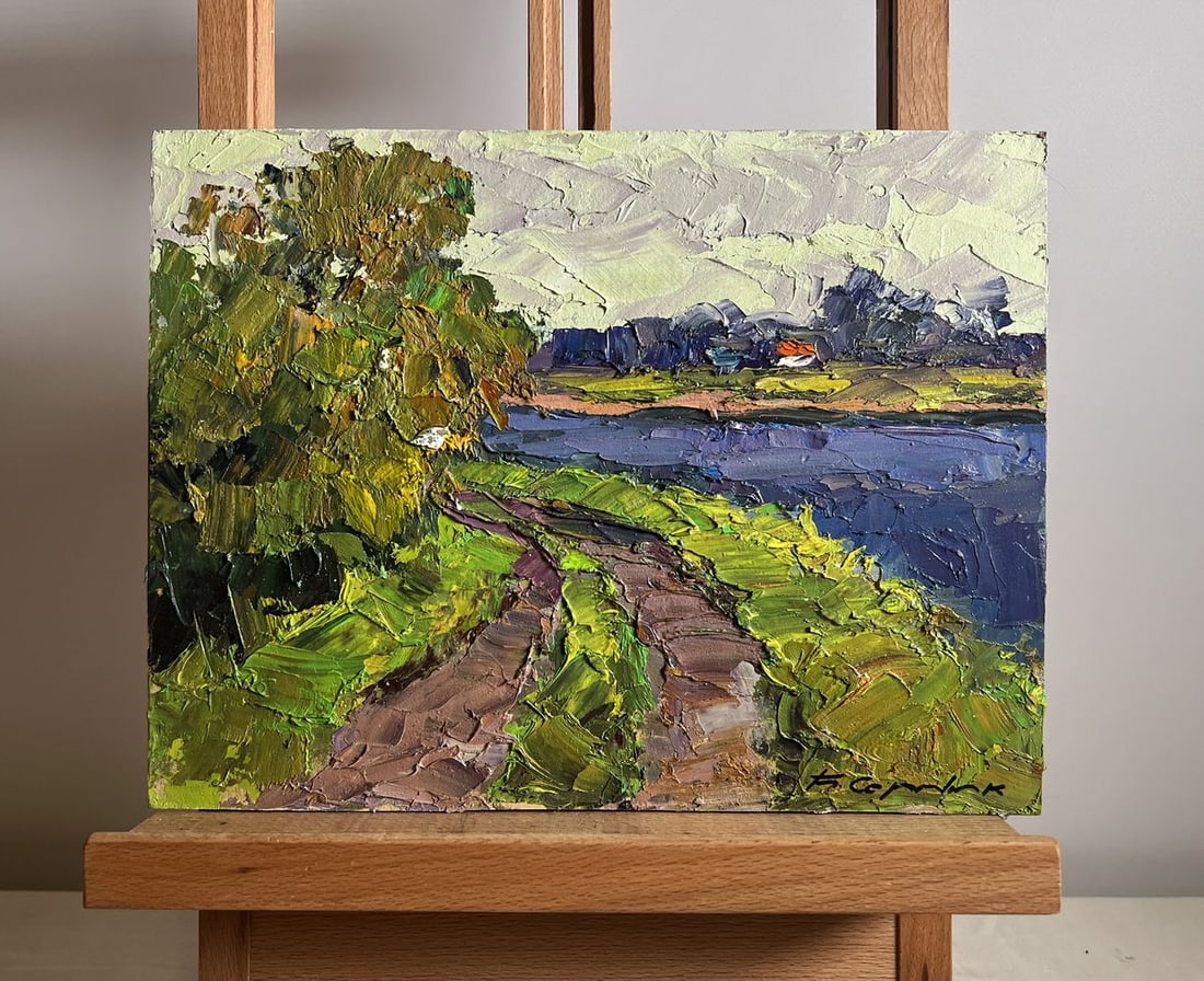 Oil painting Road near the river Boris Serdyuk: Title: Oil painting Road near the river Boris Serdyuk Description: NoAAA3762This oil painting cardboard, titled "Road Near the River", the painting is structured around a meandering dirt road that