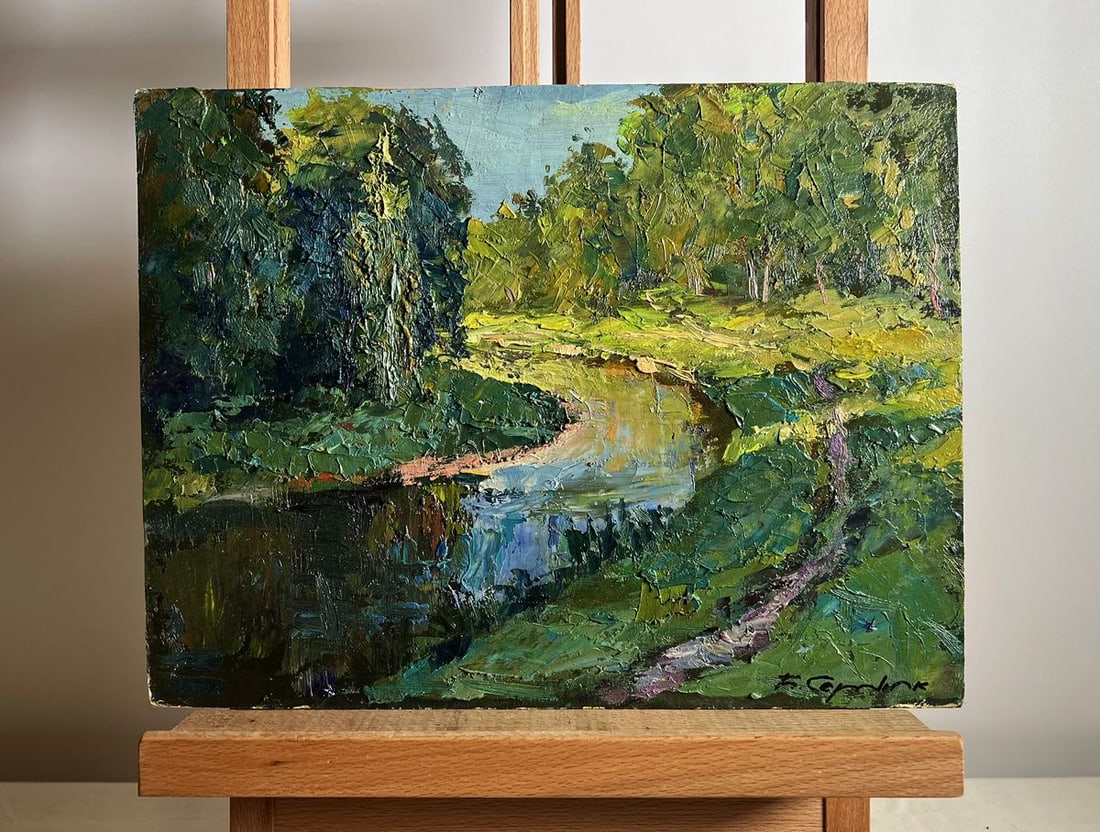 Oil painting Forest along the river Boris Serdyuk: Title: Oil painting Forest along the river Boris Serdyuk Description: NoAAA3772This oil painting cardboard, titled "Forest along the river", captures the serene beauty of a lush riverside landscape ba