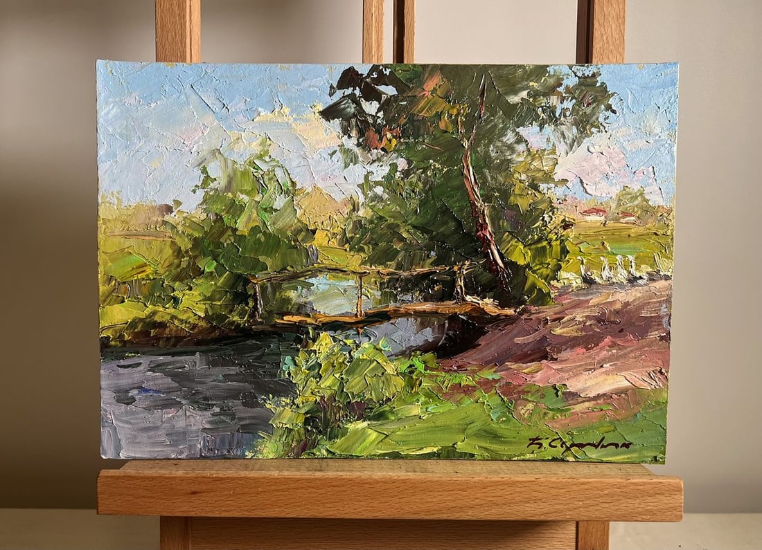 Oil painting Landscape with Geese Boris Serdyuk: Title: Oil painting Landscape with Geese Boris Serdyuk Description: NoAAA3787This oil painting cardboard, titled "Landscape with Geese", the composition is balanced and dynamic, drawing the viewer's a