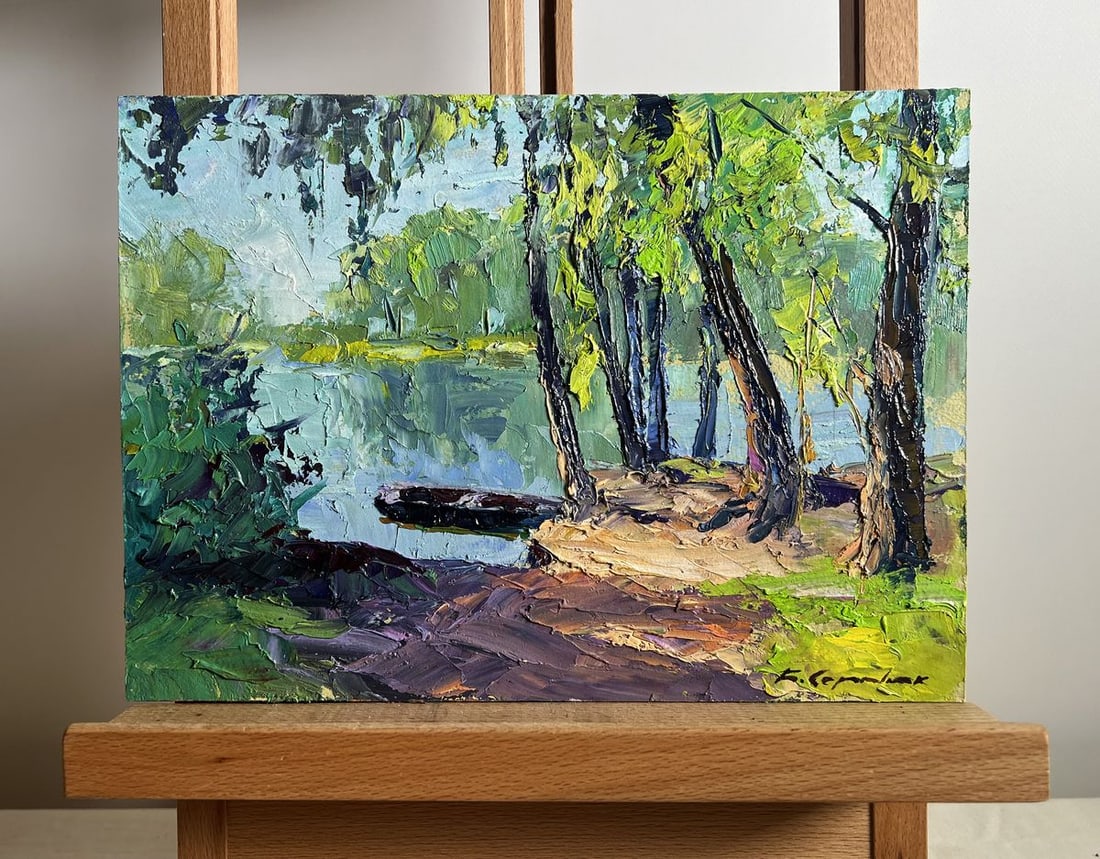 Oil painting A secluded place in nature Boris Serdyuk: Title: Oil painting A secluded place in nature Boris Serdyuk Description: NoAAA3808This oil painting cardboard, titled "A secluded place in nature", the composition is skillfully structured, drawing t