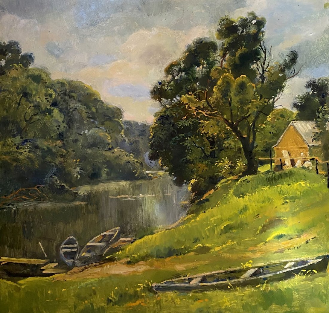 Oil painting Childhood river Litvinov Oleg Arkad'yevich: Title: Oil painting Childhood river Litvinov Oleg Arkad'yevich Description: NoLitv 237 *** ABOUT THIS PAINTING *** * TITLE: "Childhood river" * ARTISTS: Litvinov Oleg Arkad'yevich * SIZE: 52x55 cm/'20